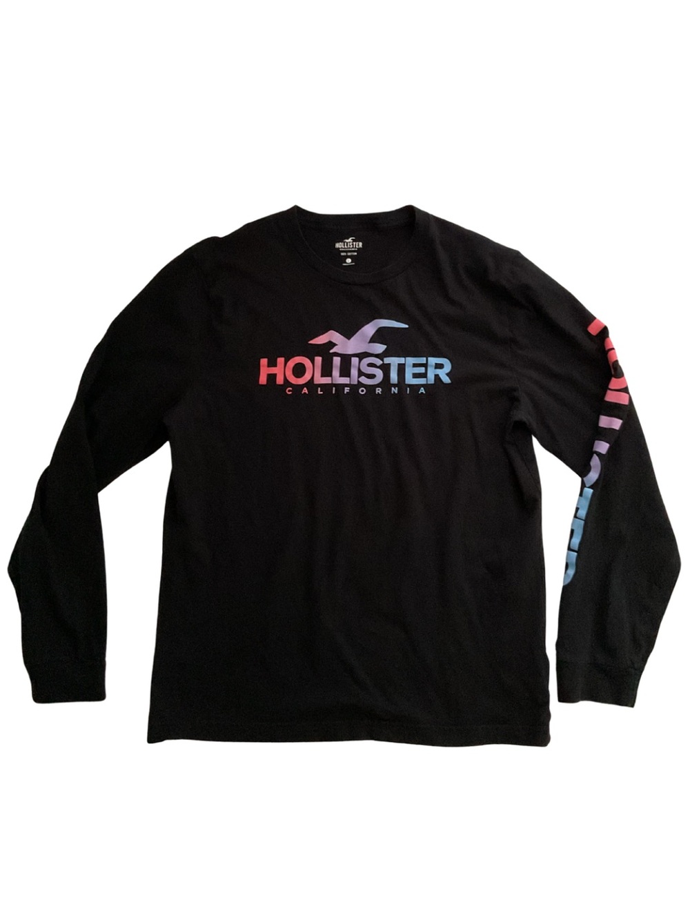 Hollister Black Long Sleeve Tee with Pink-to-Blue Ombre Logo Men’s L Y2K Retro